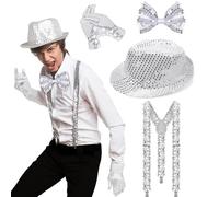DONGSZQ Accessoire Paillette Homme, 4pcs Tenue à paillettes homme Noeud Papillon Paillette Bretelle, gants, Chapeau Homme Femme Carnaval Disco Fête à Thème ou JGA Accessoires de Costume Argent