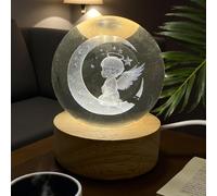 Doni Bomboniere 1 lampe LED en forme de boule en verre avec base en bois pour communion, confirmation, image d'ange avec lune, idée cadeau, module LED, lumière complète, original, économique