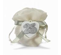 Doni Bomboniere Anniversaire Lot de 12 sachets en coton blanc avec bois cœur avec 25 argent en relief marque-places confiées mariage arrivée mariés bricolage