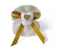 Doni Bomboniere Anniversaire - Lot de 12 sacs en coton rétiné blanc avec craie blanche avec cœur miroir en or, marque-places de mariage, arrivée de mariés, bricolage