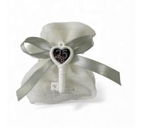 Doni Bomboniere Anniversaire - Lot de 12 sacs en coton rétiné blanc avec craie clé avec cœur miroir argenté 25 ans - marque-places de mariage - Traguardo pour mariés, bricolage