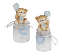 Doni Bomboniere Baptême - Lot de 1 bocaux avec ours en forme de petit cœur entre les mains assis sur le bouchon en liège au cou de l'est attaché un céleste idées cadeaux complètes originales