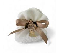 Doni Bomboniere Baptême Lot de 12 sachets en blanc avec application en or et en bois, sainte famille, nœud inclus, communion, marque-places confits, petite fille, arrivée à faire soi-même