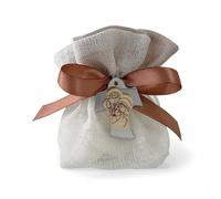 Doni Bomboniere Baptême Lot de 12 sacs en blanc avec application en argent et en bois, sainte famille, communion pour enfant, marque-place, garniture, pour fille, arrivée à faire soi-même
