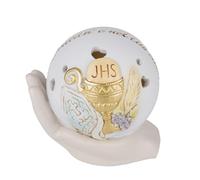 Doni Bomboniere Communion 1 pièce Icône Boule avec lumière et confirmation Ensemble LED Percé Coeurs Image Symboles sacrés écrit Le bonheur est dans votre cœur sur la main Idées cadeaux complètes