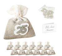 Doni Bomboniere Lot d'anniversaire de 12 sachets en jute gris argenté avec application en bois, sachets de dragées, cartes personnalisables, marque-places confiées, pour mariage, arrivée, mariés