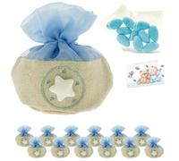 Doni Bomboniere Lot de 12 sachets de naissance, en jute et organza bleu ciel, craie d'étoile, sachets de dragées, cartes personnalisables, kit de bricolage, baptême