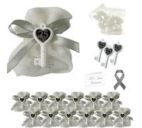 Doni Bomboniere Lot de 12 sacs d'anniversaire en coton rétiné blanc craie clé coeur 25 argent sachets dragées, cartes personnalisables, dragées, mariage, arrivée de mariés, bricolage