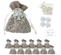 Doni Bomboniere Lot de 12 sacs d'anniversaire en jute, Havane et blanc craie 25 arbres de vie sachets dragées, cartes personnalisables, marque-places confiées, mariage, arrivée de mariés, bricolage