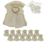 Doni Bomboniere Lot de 12 sacs en jute avec nœud organza blanc application cœur sachets dragées, cartes personnalisables, marque-places mariés, dragées, mariage, gadgets bricolage