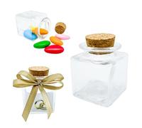 Doni Bomboniere Lot de 20 bocaux carrés, 6 x 4 x 4 cm, avec bouchon en liège, bocaux en verre transparent, haute qualité, personnalisable, bricolage, mariage, baptême, naissance, confirmation, remise