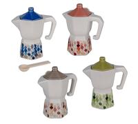 Doni Bomboniere Mariage 6 pièces Sucrier de Moka en céramique italienne en 4 variantes différentes avec motif pointu accompagné d'une cuillère en bois, idées utiles pour mariés, mariage original