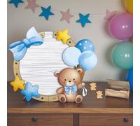 Doni Bomboniere Naissance 1 pièce Porte de vœux en bois avec Baptême Ours Arc Bleu Ballons Et Étoiles Devant Il y a un panneau Plexiglass Il y a 100 coeurs où les invités vont entrer