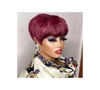 Donne Capelli Perruque courte coupe lutin brune cheveux humains for femmes noires perruques avec frange perruque brésilienne colorée perruques de cheveux humains Extensions de cheveux(Wine Red)