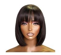 Donne Capelli Perruque courte et lisse avec frange, cheveux humains, sans colle, densité 180, noir naturel Extensions de cheveux(8inch)