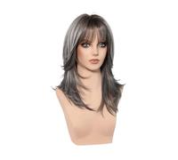 Donne Capelli Perruque grise mi-longue lisse avec frange, perruque synthétique résistante à la chaleur, idéale for les fêtes et le quotidien. Extensions de cheveux
