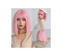 Donne Capelli Perruque synthétique courte et lisse de 12 pouces, frange naturelle Bob, cheveux for femmes, couvre-tête complet for Halloween Cosplay Extensions de cheveux(Pink)