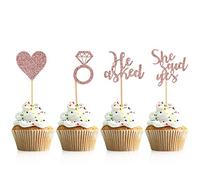 Donoter Lot de 48 décorations de gâteaux en forme de cœur en or rose avec inscription « He Asked She Said Yes » pour mariage, fiançailles, fête, décoration de gâteaux