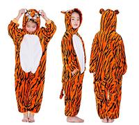 Donpeer Pyjama Garçons Fille Deguisement Rayures de Tigre,Combinaison sur Pyjama en Polaire Enfant,Grenouillère Kigurumi en Pilou Doux,Idée Cadeau Rigolo pour Enfants Et Ado 140(130~140cm) -A55