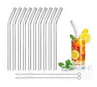 DONQL Pailles en Verre Réutilisables - 10 Paille Transparente Courbée de 20cm avec 2 Brosses de Nettoyage - Parfaites pour Le Café et Les Cocktails