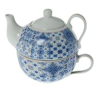 DONREGALOWEB - Set de 6 Tasses avec théière en céramique décorées avec Divers Dessins en Blanc et Bleu