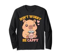 Don't Worry Be Cappy Funny Capybara Drinks Boba Tea Kids Manche Longue