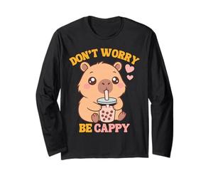 Don't Worry Be Cappy Funny Capybara Drinks Boba Tea Kids Manche Longue