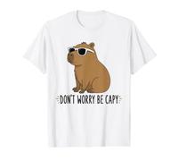 Don't Worry Be Capy Lunettes de Soleil Amusantes avec Citation Positive T-Shirt Graphique avec Valeur, Homme, Blanc, M