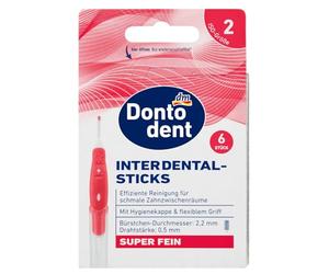 Dontodent bâtonnets interdentaires rouges, ISO 2 (diamètre 2,2 mm), 6 brossettes interdentaires super fines, avec capuchon hygiénique et poignée flexible