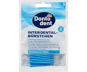 Dontodent Brossettes interdentaires ISO 3/3 mm, 32 brossettes interdentaires bleues - Nettoyage intensif des dents en profondeur et espaces étroits