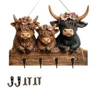 Donubiiu Highland Cattle Schlüsselhalter für Die Wand, Rustikale Holzfigur Einer Hochlandkuh, 4 Haken-Organizer Aus Holz, für Schlafzimmer, Küche, Eingangsbereich, Tasche (1PC)