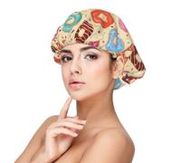 Donut Print No.9040 Bonnet en satin de soie pour femme endormie, double couche réglable, bonnet de nuit pour cheveux bouclés