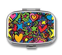Doodles and Lines Pilulier de voyage à 2 compartiments avec miroir carré en métal pour médicaments et vitamines