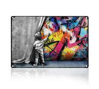 DOODLREAM Banksy Plaque murale rétro en métal Motif graffiti derrière le rideau 20 x 30 cm Affiche murale vintage pour maison, café, salle de bain, grotte d'homme, bureau, club, cadeau décoratif