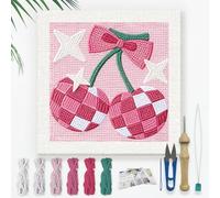 DOODLREAM Boule disco cerise Kit débutant, 24x24cm Cerise rose - Set point perforation, kit broderie DIY couleur avec cadre, notice, enfile-aiguille, laine, aiguille punch
