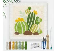 DOODLREAM Cartoon Cactus DIY Punch Needle Broderie Kit pour Adulte Débutant 24cm Punch Stitch Craft Set pour Starter avec cadre, motif tissu, enfileur, fil, aiguille à poinçonner
