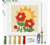 DOODLREAM Flower and Sun Kit de broderie pour adultes débutants 24 cm Rouge Flroal Punch Stitching Craft Set pour débutant avec cadre, motif tissu, enfileur, fil, aiguille à poinçonner