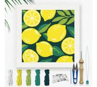 DOODLREAM Kit de broderie DIY à motif citron Punch Needle pour adultes et débutants 24 cm Kit de broderie Fruit Punch pour débutants avec cadre, motif de tissu, fil à broder, aiguille à trou