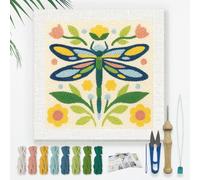 DOODLREAM Kit de broderie libellule colorée pour adultes débutants - 24 cm - Motif libellule - Pour débutant - Avec cadre, motif tissu, enfile-aiguille, fil et aiguille à poinçonner