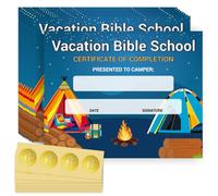 Doodlream Lot de 30 certificats d'achèvement VBS pour l'école biblique avec 32 autocollants en feuille d'or, 20 x 25 cm, papier de certificat de camping et feu de camp pour participation au camping en