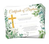 Doodlream Lot de 30 certificats de baptême avec feuilles vertes, croix, papier pour l'église, 20 x 25 cm, certificat de dédicace pour bébé, papier pour la cérémonie de l'église et le baptême