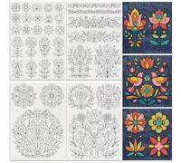 DOODLREAM Lot de 35 stabilisateurs solubles dans l'eau pour coutures à la main dans le style art folk floral 20,3 x 45,7 cm Stabilisateur de motif de broderie avec fleurs folkloriques abstraites 4