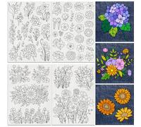 DOODLREAM Lot de 43 motifs de broderie stabilisateurs avec feuilles de fleurs de 20,3 x 38,3 cm - Rose tournesol pâquerette - Autocollant à broder soluble - 4 feuilles d'eau florale - Papier à broder