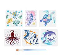 DOODLREAM Lot de 6 pochoirs d'animaux de l'océan pour peinture, tortue de mer, méduse, pieuvre avec pinceaux, requin, dauphin, poisson, loisirs créatifs, modèles de peinture pour décoration murale