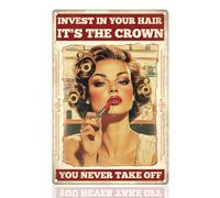 Doodlream Panneau en métal vintage pour salon de coiffure avec inscription « Invest in Your Hair It's The Crown You Never Take Off » - Décoration murale pour salon de coiffure - Cadeau pour chambre à