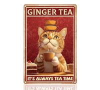 DOODLREAM Panneau mural amusant de chat buvant du thé au gingembre "Il est toujours l'heure du thé" Plaque en métal fer-blanc affiche vintage pour décoration murale maison cuisine bureau jardin bar