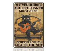 Doodlream Panneau mural amusant en métal avec chat noir jouant de la guitare « My Neighbors are Listening to Great Music » - Poster vintage pour maison, bureau, café, bar, cour, porte - 20,3 x 30,5 cm