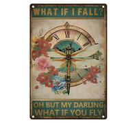 DOODLREAM Plaque en métal vintage avec libellule et l'horloge « What If I Fall Oh but My Darling What If You Fly » - Décoration murale pour maison, bureau, café, bar, 20 x 30 cm
