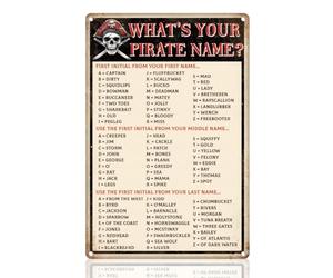 DOODLREAM Plaque murale amusante en métal avec nom de pirate « What's Your Pirate Name » - Poster mural vintage pour maison, garage, bar, pub, club, décoration de chambre à coucher, cadeau - 20,3 x