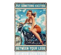 Doodlream Plaque murale rétro en métal avec inscription « Motorcycle Pinup Lady Put Something Exciting » - 20,3 x 30,5 cm - Décoration murale vintage pour la maison, le garage, la salle de café